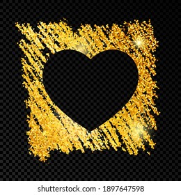 Heart on golden glittering scribble paint on dark transparent background. Background with gold sparkles and glitter effect. Empty space for your text. Vector illustration