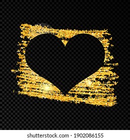 Corazón sobre pintura brillante dorada sobre fondo transparente oscuro. Fondo con destellos dorados y efecto brillo. Espacio vacío para el texto. Ilustración del vector