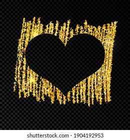 Heart on golden glittering scribble paint on dark transparent background. Background with gold sparkles and glitter effect. Empty space for your text. Vector illustration