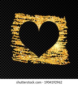 Corazón sobre pintura brillante dorada sobre fondo transparente oscuro. Fondo con destellos dorados y efecto brillo. Espacio vacío para el texto. Ilustración del vector
