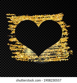 Heart on golden glittering scribble paint on dark transparent background. Background with gold sparkles and glitter effect. Empty space for your text. Vector illustration