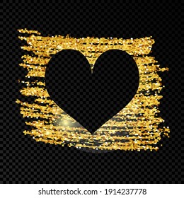 Heart on golden glittering scribble paint on dark transparent background. Background with gold sparkles and glitter effect. Empty space for your text. Vector illustration