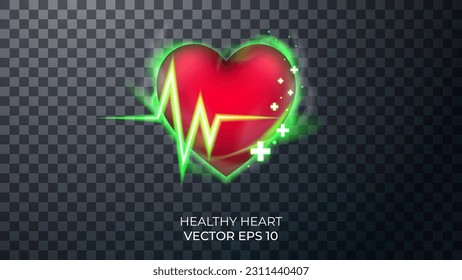 Heart on green light realistic 3d render. Magic healthy fire. Green glow symbolizes good health indicators. Decor elements for magic doctor, shaman, medium. Transparent background.