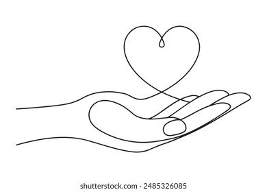 Heart on hand continuous line art vector illustration.