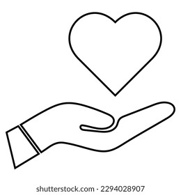 Icono de corazón en la mano, objeto de ilustración de contorno de color negro de estilo plano para cuidado, amor, valentina, salud, caridad, ahorro, web, aplicación, móvil, etiqueta, logo, pegatina, sello, UI. Aislado sobre fondo blanco