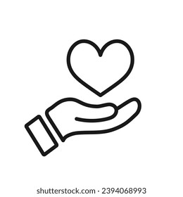 Heart on hand line icon with editable stroke. Simple black and white icon. Vector illustration.