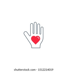 Heart on hand palm symbol line icon. Love or Donate concept.
