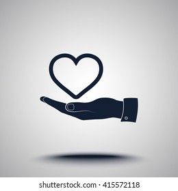 Heart on hand sign icon, vector illustration. Flat design style 