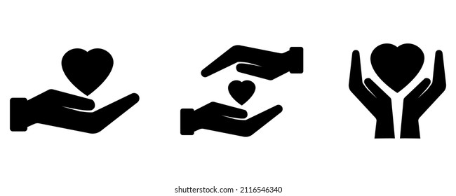 Heart on hand sign. Medicine symbol. Protecting logo. Care concept. Love background. Vector illustration. Stock image.