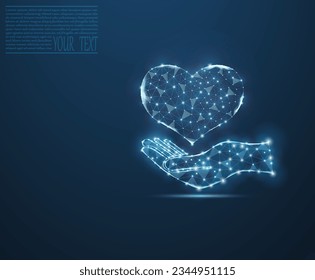 Heart on hand, vector icon. Рeart and line pulse digital technology. Рealthcare and medical hologram low poly wireframe. Hospital and treatment blue dark background.