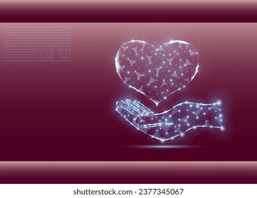 Heart on hand, vector icon. Рeart and line pulse digital technology. Рealthcare and medical hologram low poly wireframe. Hospital and treatment blue dark background.