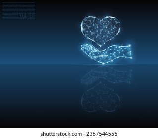 Herz auf der Hand, Vektorsymbol. digitale Technik für Herz und Linie mit Spiegelreflexion. Gesundheitswesen und medizinisches Hologramm Low-Poly-Wireframe Krankenhaus und Behandlung blauer dunkler Hintergrund.