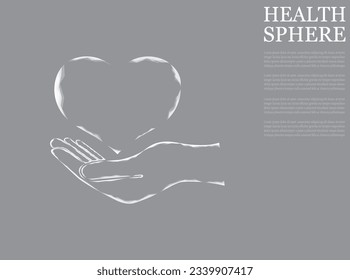 Corazón a mano, ilustración vectorial. Marco cardíaco tendido en la mano. Corazón en una mano sobre un fondo gris.