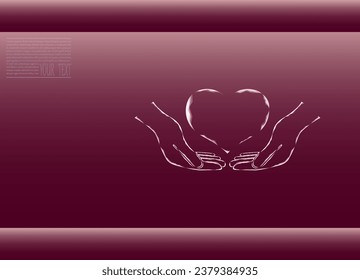 Heart on hand, vector illustration. The frame of the heart in the light, lying on the hand. Heart on the hand on a burgundy background.
