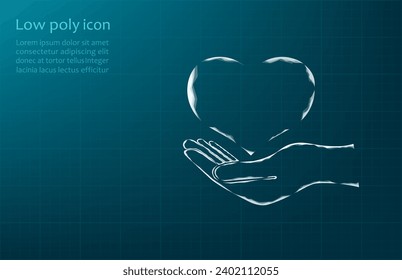 Corazón a mano, ilustración vectorial. El marco del corazón en la luz, tendido en la mano. Corazón en la mano sobre un fondo azul.