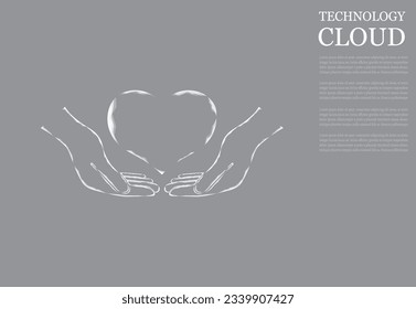 Heart on hands, vector illustration. Protection of the heart heart icon lying on the hands. Heart on a hand on a gray background.