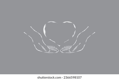 Corazón en las manos, ilustración vectorial. Protección del icono del corazón en las manos. Corazón en una mano sobre un fondo gris.
