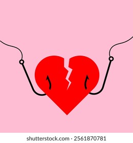 Heart on hook vector illustration. Fishing hook hanging red heart cartoon style with pink background. Valentine clip art illustration. Love shape element