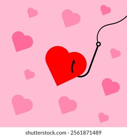 Heart on hook vector illustration. Fishing hook hanging red heart cartoon style with pink background. Love valentine clip art illustration. Love shape element