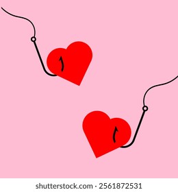 Heart on hook vector illustration. A pair of fishing hook hanging red heart cartoon style with pink background.Valentine clip art illustration. Love shape element