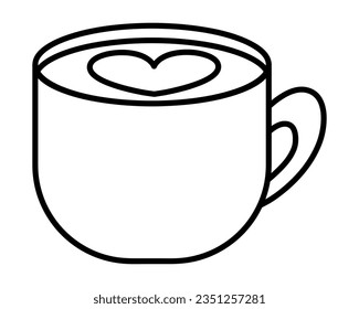 Heart on invigorating coffee in a mug. Sketch. Foam on a drink in the form of a symbol of love. Latte art. Romantic drink. Vector illustration. Doodle style. Outline on isolated background.