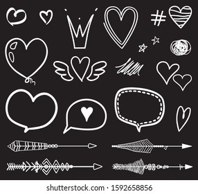 Heart on isolated background. Set of hearts. Ornate arrows. Outline objects. Black and white illustration