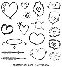 Heart on isolated white background. Set of hearts for design. Valentine's day. Sketchy elements. Black and white illustration