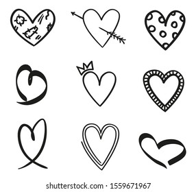 Heart on isolated white background. Hand drawn hearts. Valentine's day. Sketchy elements. Black and white illustration