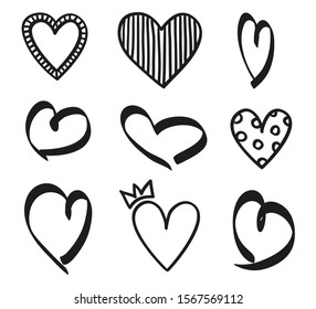Heart on isolated white background. Set of hearts. Black and white illustration