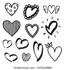 Heart on isolated white background. Set of hearts. Black and white illustration
