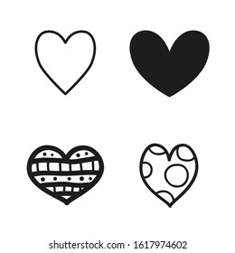 Heart on isolated white background. Set of different hearts. Black and white illustration
