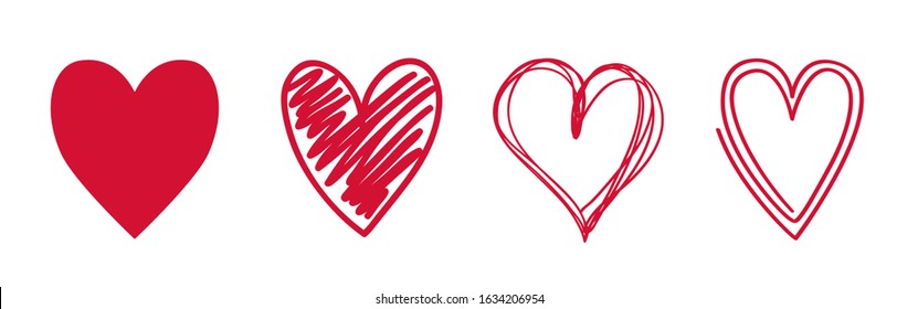 Heart on isolated white background. Different variants of love symbol. Hand drawn hearts