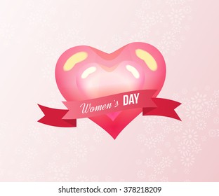 Heart on a light background with a ribbon. Love symbol.  International Happy Women's Day concept with heart and text 8th March. Postcard to March 8. Happy Women's Day background. Holiday Card. 