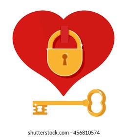 Heart on the lock with key. Cartoon flat vector illustration. Objects isolated on a white background.