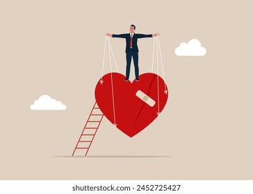 Heart on manipulative strings. Manipulation control master. Manipulation marionette concept vector illustration. 