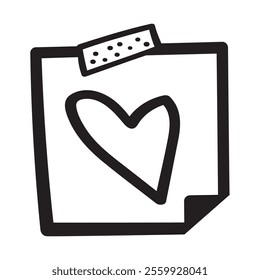 The heart on the note. Isolated outline icon. Black color. Hand drawn illustration on white background.