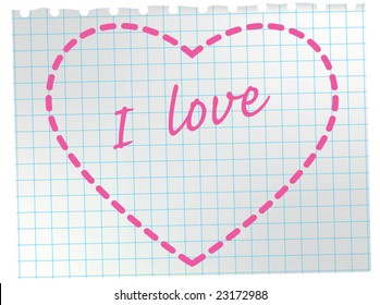 Heart on notepad sheet. Valentine greeting card. Vector illustration.