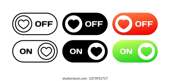 Heart on and off buttons. Different styles, color, love onoff, heart onoff icons. Vector icons