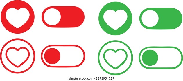 Heart on off icons. Flat, color ONOFF slider with a heart.