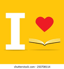 heart on open book on yellow background : I love book vector