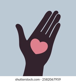 Heart on open hand palm. Heart on cartoon hand. Vector illustration