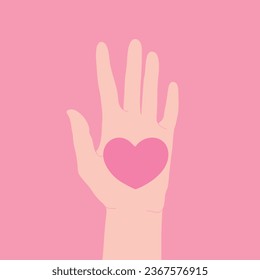 Heart on an open palm. Hand drawn hand is holding heart. Valentine Day. Vector illustration 