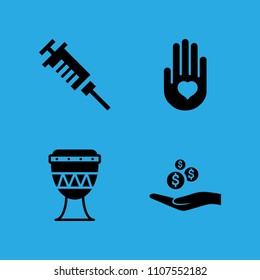 heart on the palm, alms, syringe and drum icons vector in sample icon set for web and graphic design
