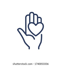 Heart on palm thin line icon. Love, gift, emotion isolated outline sign. Friendship and love concept. Vector illustration symbol element for web design and apps