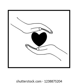 Heart on palms on white background in square. Modern symbol for care, medicine, help, protection, charity. Template for logo, label, t shirt, poster. Design element. Vector illustration