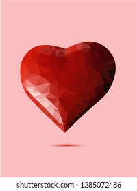 Heart on pink background. 3D. Abstract geometric heart, jewel.