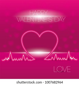 Heart on a pink background with glare and glow. Cardiogram. Design element for Happy Valentine's Day. Ready for design, greeting card, banner. Vector illustration.