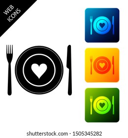 Heart on plate, fork and knife icon isolated on white background. Happy Valentine's day. Set icons colorful square buttons. Vector Illustration