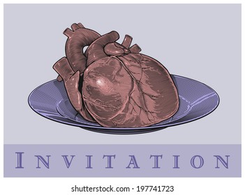 Heart on a plate (Invitation card). Vector illustration, isolated, grouped 