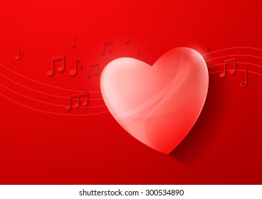 Heart on Red Background. Love Music Concept Design, Vector Illustration